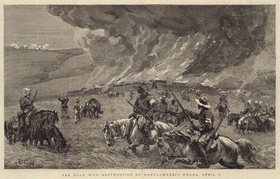 La guerra Zulu, distruzione del kraal di Dabulamanzi, 4 aprile da Charles Edwin Fripp